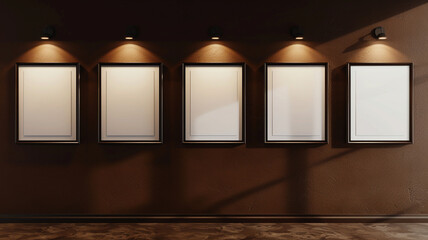 Four vertical mockup frames on a rich chocolate brown wall, each frame spotlighted to create a...