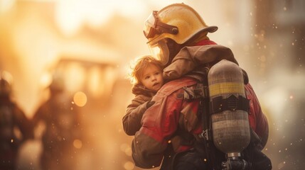 Firefighter rescue a little child from burning fire building