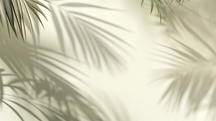 Obraz premium Blurred shadow from palm leaves on light cream wall. Minimalistic beautiful summer spring background for product presentation. 