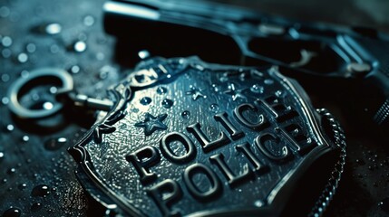 Police badge symbol close-up view with gun on table