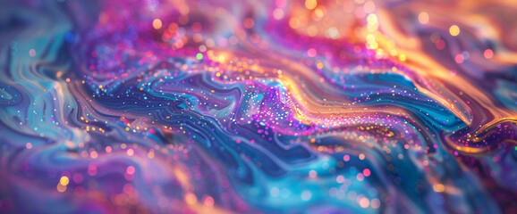 Macro photograph showcasing the fluid elegance of marble ink infused with radiant glitters, evoking a sense of cosmic wonder and awe.