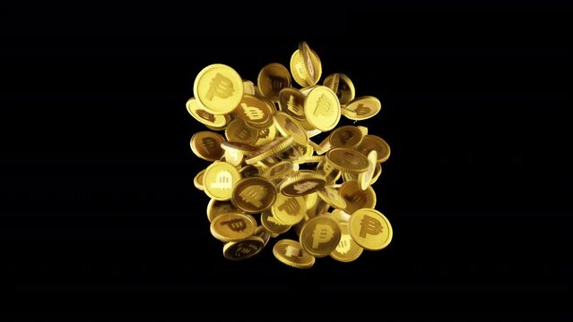 gold peso coins appear on a transparent background. Growing investments. 3d animation