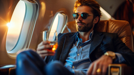 Sunset Sojourn, Dapper Man Savoring Whiskey on Evening Flight in Private Aircraft