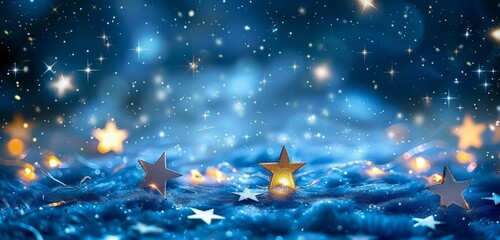 Obraz na płótnie Canvas Blue background with stars and bokeh lights, stars, blue, white stars, shiny light Generative AI