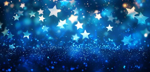 Blue background with stars and bokeh lights, shiny stars on blue background with blurred light spots Generative AI - obrazy, fototapety, plakaty