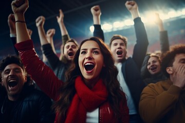 Excited sports fans cheering at a stadium
