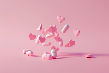 Floating pink pills and hearts on pink