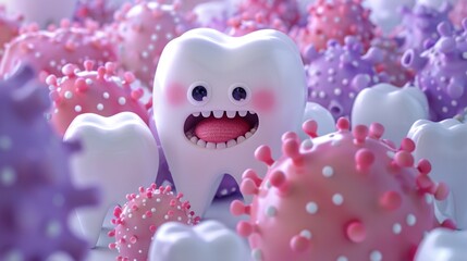 Cute cartoon character of tooth surrounded by bacteria and virus.