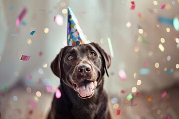 Labrador in party hat with confetti falling