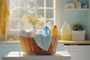 Laundry basket with detergents on sunny day