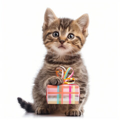 Adorable realistic cute baby cat hol lding a small present and looking at you, realistic 3d illustration isolated on white background. A small funny sitting kitten for postcard and greeting cards.