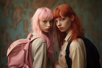 Two women with pastel pink hairstyles