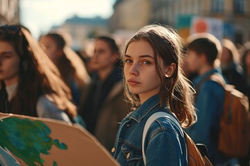 Young woman at a protest holding sign
