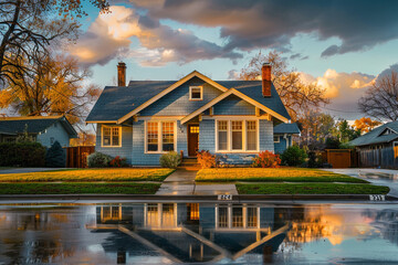 The new light of dawn reflecting off a sky blue Craftsman style house, suburban peace undisturbed,...