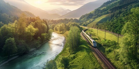 high-speed train against the backdrop of nature Generative AI - obrazy, fototapety, plakaty