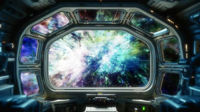 Traveling into space at the speed of light. View from inside the spacecraft cabin
