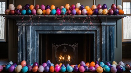 Easter egg garland hanging across a fireplace