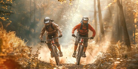 aggressive cyclist riding in the forest Generative AI - obrazy, fototapety, plakaty