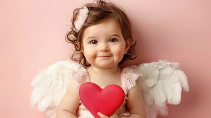 Cute baby girl angel with wings with pink background