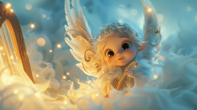 Cute 3D cartoon character angel with wings with harp