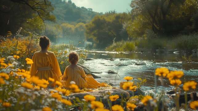 two women in yellow dresses are standing next to a river surrounded by yellow flowers