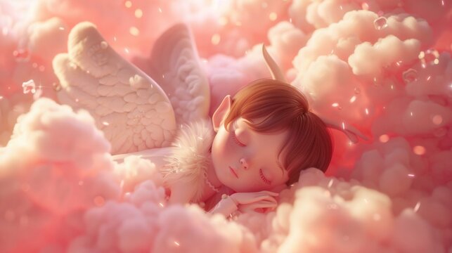 Cute 3D cartoon character angel with wings sleep on cloud