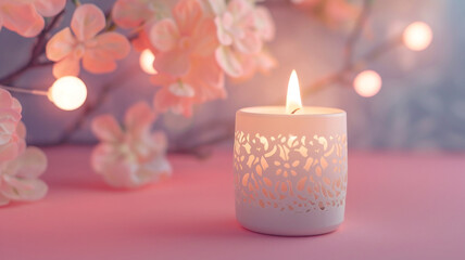 a Candlelight on a pink background, in the style of cinquecento, captured essence of the moment, layered expressiveness, intricate cut-outs backgrounds, 