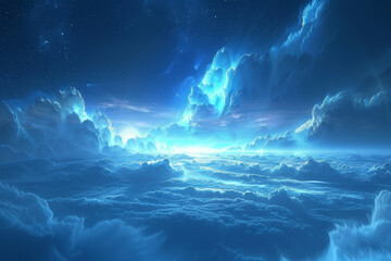 An atmospheric view of clouds and stars in a blue nocturnal sky.