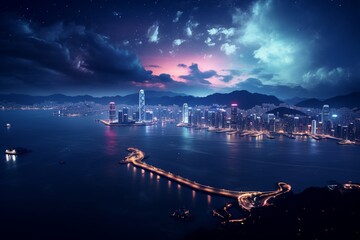 A stunning Hong Kong cityscape at night with colorful sunset, illuminated buildings, and sparkling water. Alive with activity, perfect for vacation or business trip. - obrazy, fototapety, plakaty