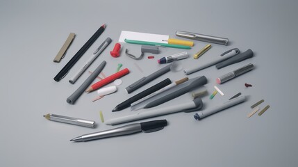 Fototapeta premium set of pens, pencils, erasers and other office supplies scattered on a plain gray background, minimalism, 4k resolution, no text, no inscriptions, no advertising --ar 16:9 --quality 0.5 --stylize 0 -