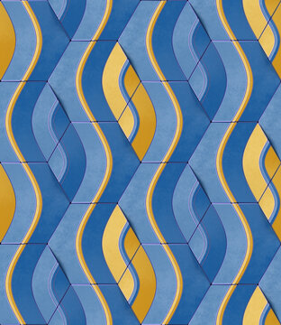 Seamless 3D Geometric Wallpaper Design in Blue and Yellow