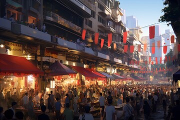 A bustling street market with a diverse crowd browsing through food stalls and shops, vibrant red awnings adding a colorful touch to the lively atmosphere, ideal for shopping and exploration. - obrazy, fototapety, plakaty