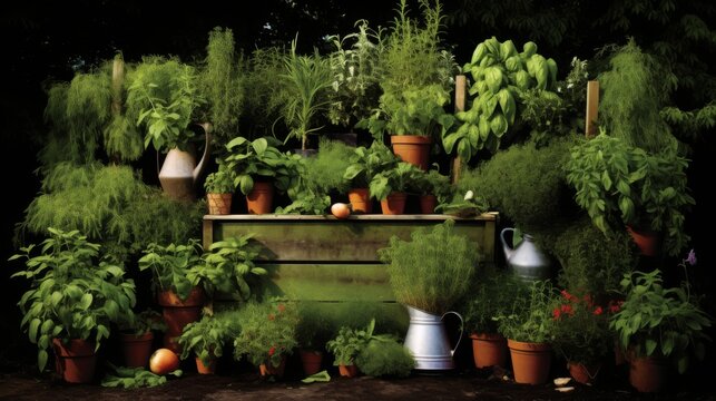 Terracotta Pots with Herbs on Wooden Garden Shelf Ai generated