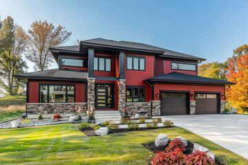 A high-end, modernly designed new construction home with a two-car garage, surrounded by rich burgundy siding and natural stone wall accents.