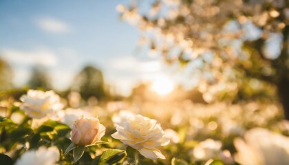 beautiful blurred spring background nature with blooming glade gardenia daisy jasmine rose trees and blue sky on a sunny day - obrazy, fototapety, plakaty