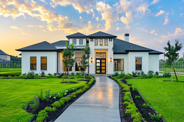 Front view of an opulent newly built home with a flourishing lawn, pathway to a lavishly designed porch, in crisp morning light. - obrazy, fototapety, plakaty