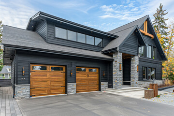 Newly constructed luxury home with a contemporary flair, boasting a two-car garage, wrapped in sophisticated black siding with natural stone wall embellishments. - obrazy, fototapety, plakaty