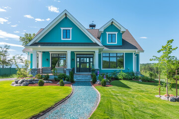 Modern Turquoise Luxury Home Exterior with a Lush Green Front Yard and a Pathway to a Gorgeous Porch and Entryway