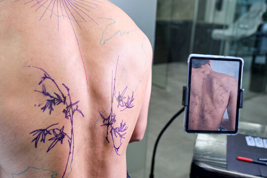 Tattoo artist sketching design on unrecognizable client's back
