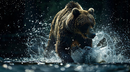 a majestic grizzly bear in the midst of splashing water - obrazy, fototapety, plakaty