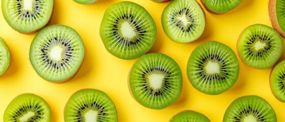   A stack of kiwi slices on a yellow plate with a spoon nearby