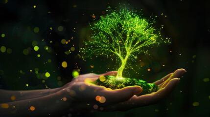 a luminous, green tree that seems to be composed of light or energy. - obrazy, fototapety, plakaty