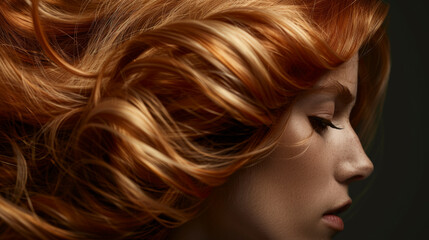 Flowing Ginger Hair. Close-Up Portrait of Hair in Motion.