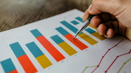 The person is pointing at a graph with their finger, making a gesture to indicate a pattern. The pen makes a circle on the graph, creating an artful display of data