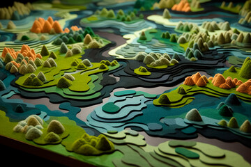 Model of a landscape made of multicolored felt. Soft rug for role-playing game for kids, close up