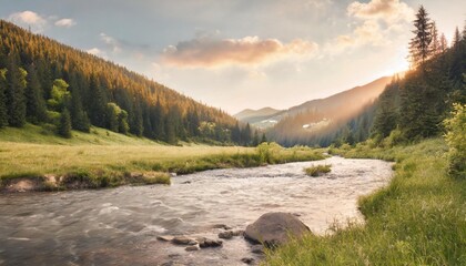 nature scene with mountain river spring vacation in sunny valley of synevyr national park ukraine grassy meadow on the shore ridge in the distance beauty of tranquil ecology environment