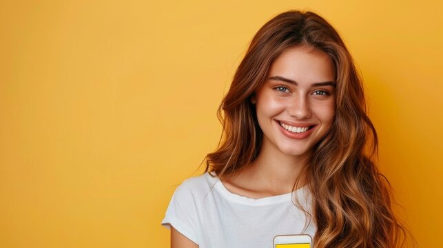 portrait of a beautiful latin girl in yellow holding a cell phone in high resolution and quality