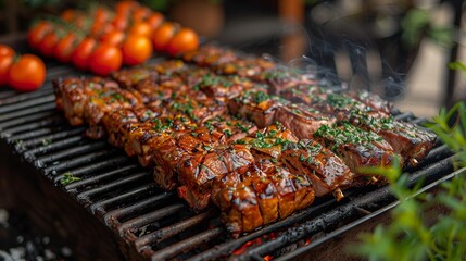 Ribs roasting on the grill, with tomatoes in the background