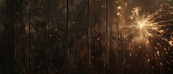 ylvester 2025, New Year's Eve, New Year background panorama long - Firework Fireworks on rustic brown wooden wood texture - obrazy, fototapety, plakaty