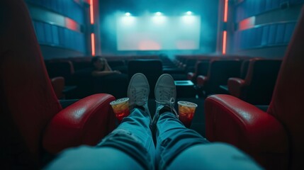 legs stretched out in the cinema watching the screen - obrazy, fototapety, plakaty
